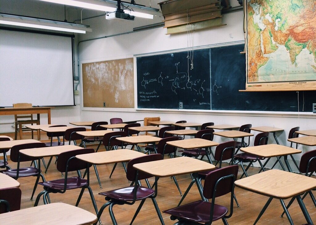 classroom, school, education, desk, chalkboard